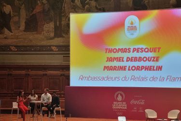 Jamel Debbouze, Marine Lorphelin, Thomas Pesquet présents le vendredi 23 juin à la conférence de presse du relais de la flamme olympique.