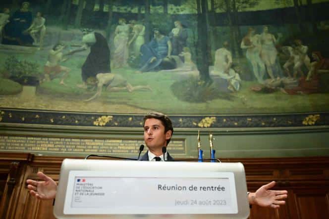 Le ministre de l’éducation et de la jeunesse, Gabriel Attal, prononce un discours lors de la réunion de rentrée des recteurs à l’université de la Sorbonne, à Paris, le 24 août 2023.
